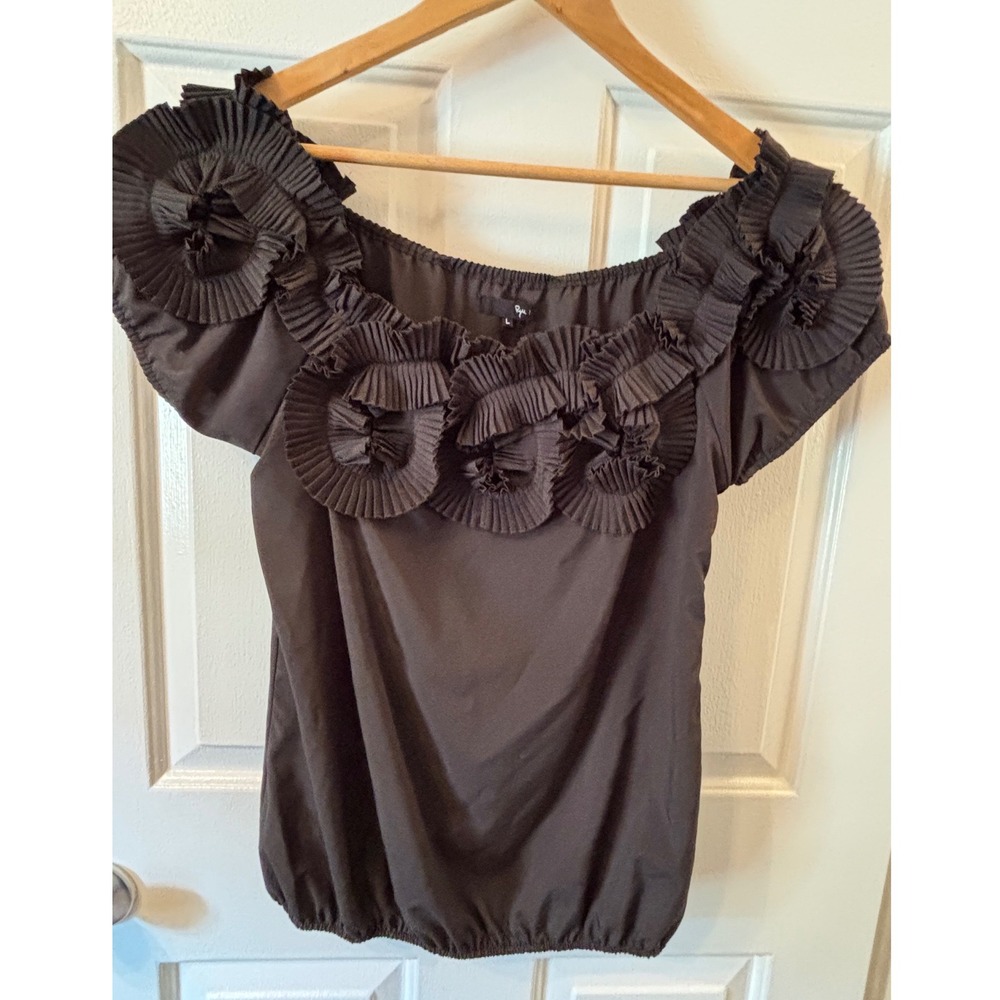 Ryu Women Black Pleated Ruffle Rosette Off Shoulder Bubble Hem Blouse Large